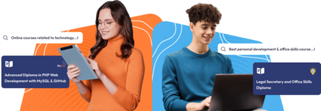 Two people searching for online courses on their digital devices