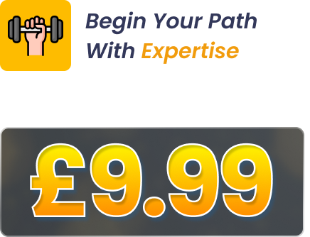 Promotional banner for online courses starting at £9.99 with dumbbell icon and text "Begin Your Path With Expertise