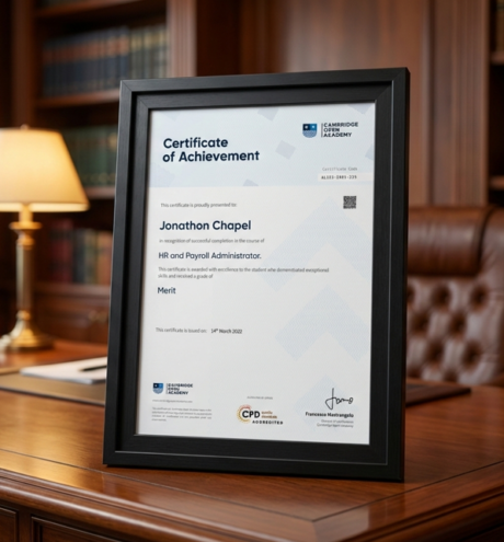 A framed "Certificate of Achievement" from Cambridge Open Academy for an HR and Payroll Administrator course, displayed on a polished wooden desk in a professional office setting with bookshelves in the background.