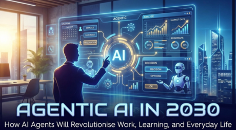 A professional man in a modern office interacting with a glowing blue holographic dashboard that displays AI agent tasks like calendar management, data analysis, and decision-making.