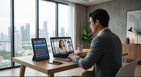 Professional working on a laptop and tablet while reviewing digital reports in a modern office