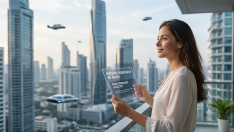 Professional reviewing business information on a tablet with a city skyline in the background