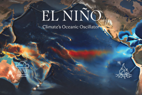 Dramatic satellite visualization of the Pacific Ocean showing El Niño sea surface temperature anomalies in red and orange, with the blog title "What Is El Niño? 2026-2027 Climate Outlook, Meaning, Causes, and Effects" overlaid. Illustrates global climate impacts including heavy rain and drought symbols.